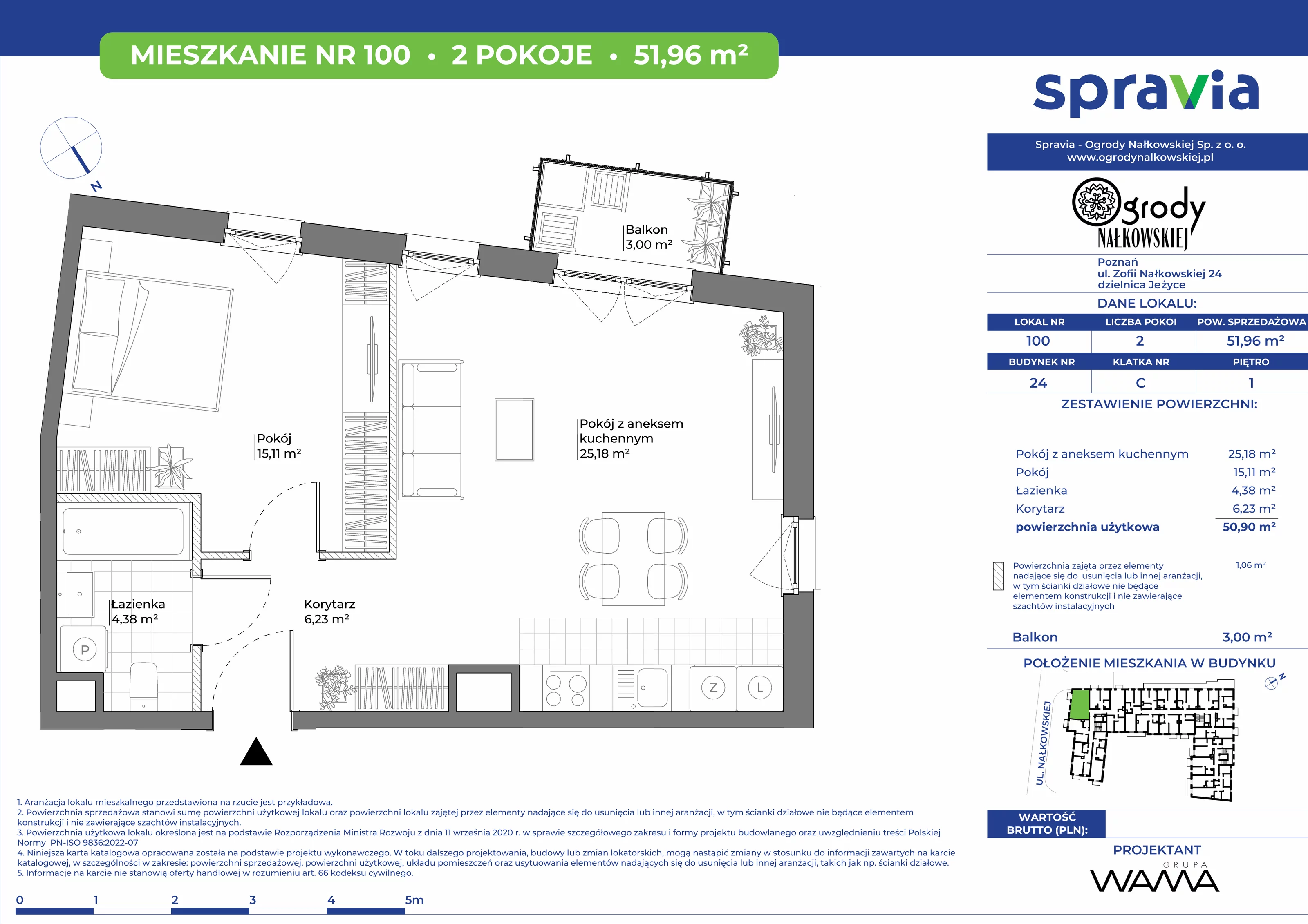 2 pokoje, mieszkanie 51,96 m², piętro 1, oferta nr 24-100, Ogrody Nałkowskiej, Poznań, Ogrody, ul. Nałkowskiej 24, 26